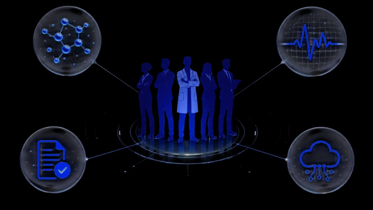 Four fields — materials, clinical practice, regulatory affairs and digital services — converging on a team of specialists